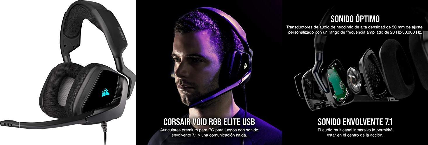 Sumérgete en la acción con los Corsair VOID Elite RGB USB, auriculares gaming con sonido envolvente 7.1 y personalización de iluminación