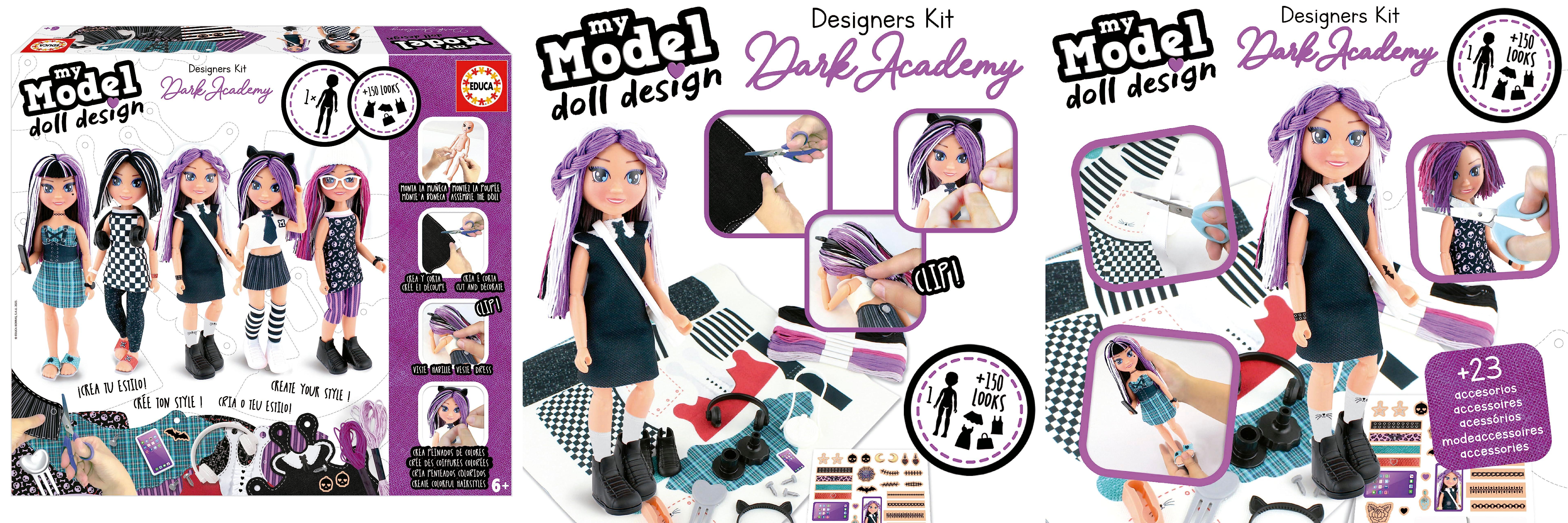 Conviértete en diseñador y estilista con el kit Educa - My Model Doll Design Dark Academy Fashion Style: ¡crea looks de terror y oscuridad!