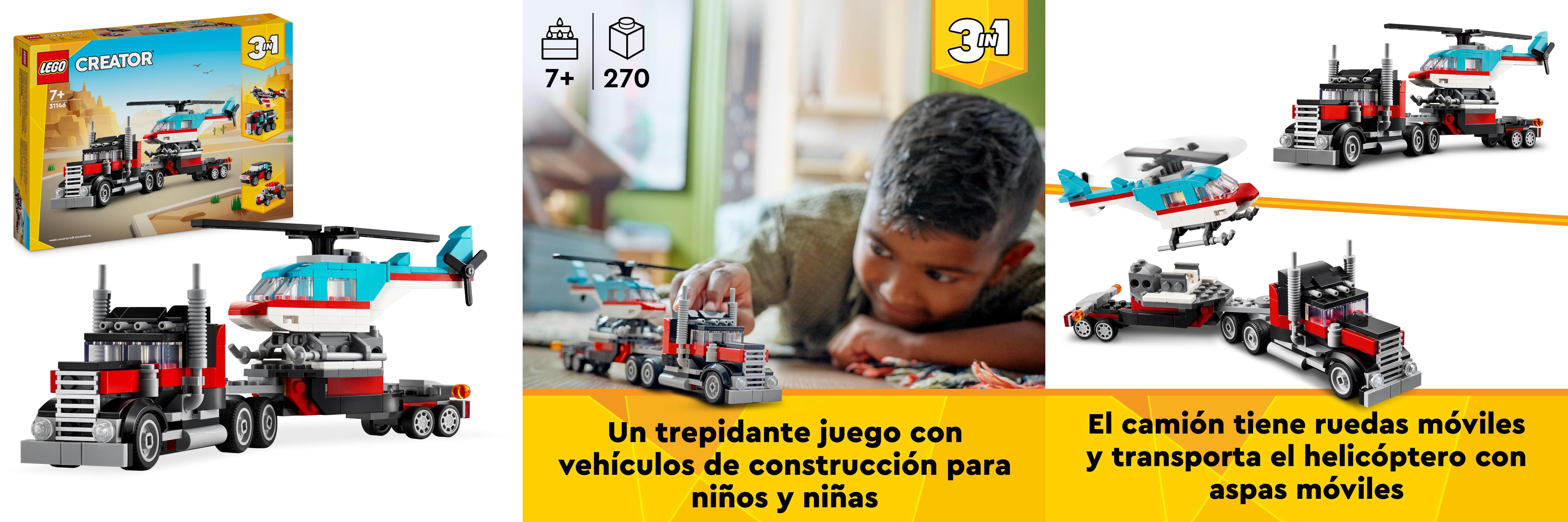 Descubre la Diversión Infinita con LEGO Creator 3 en 1 Camión Plataforma y Helicóptero Convertible - ¡Ideal para Niños y Niñas de 7 años en Adelante!