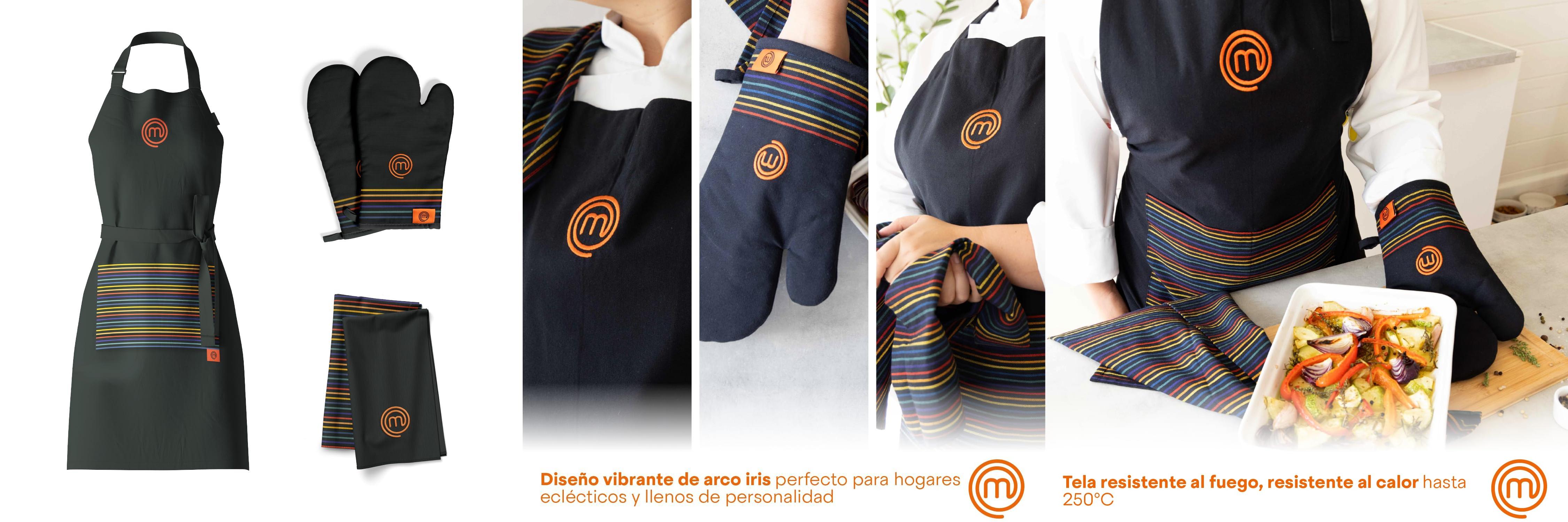 Featured image of post Descubre el Juego de Textiles MasterChef: Delantal, Paños y Guantes de Horno a Rayas Multicolores