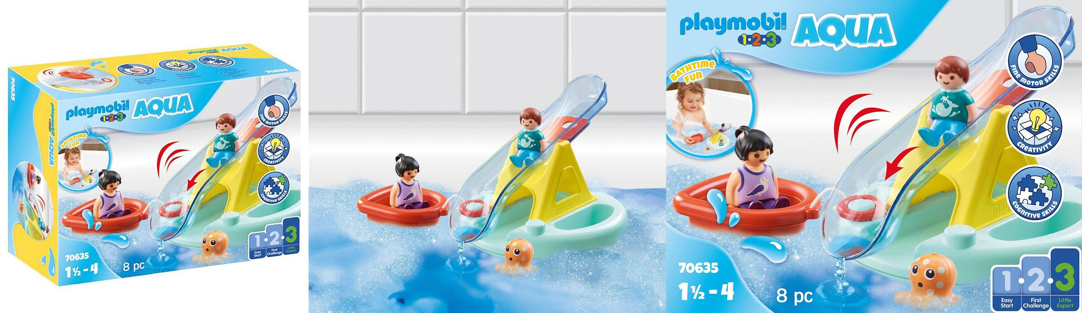 Descubre la diversión acuática con PLAYMOBIL 1,2,3 Aqua 70635: ¡Una isla de baño con tobogán para los más pequeños!