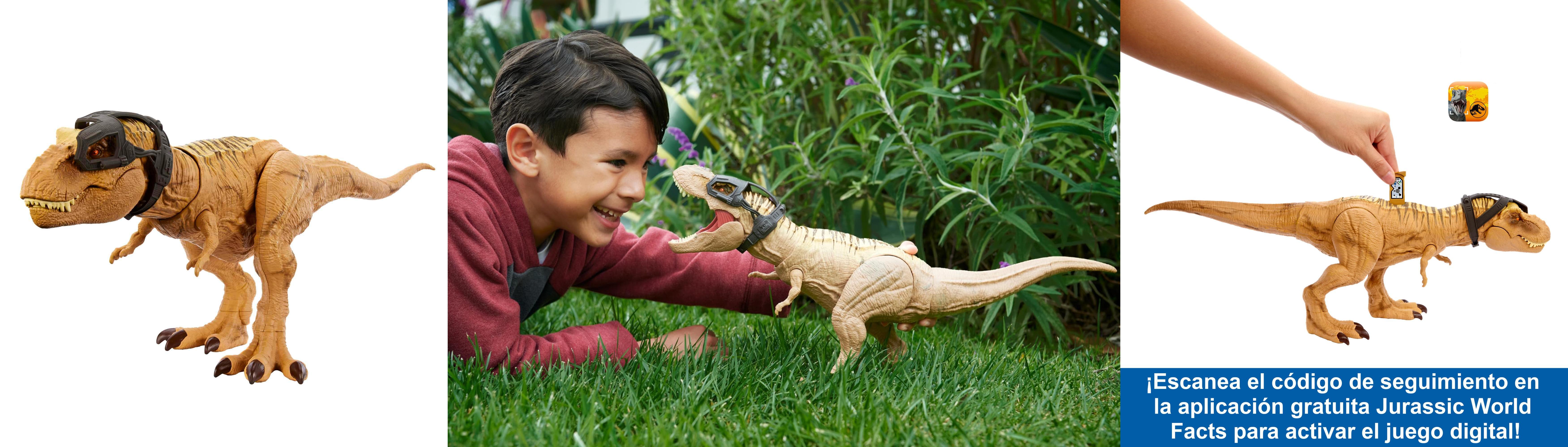 Descubre la emoción de cazar y masticar con el Jurassic World T-Rex Caza y mastica Dinosaurio de juguete con sonidos (Mattel HNT62)