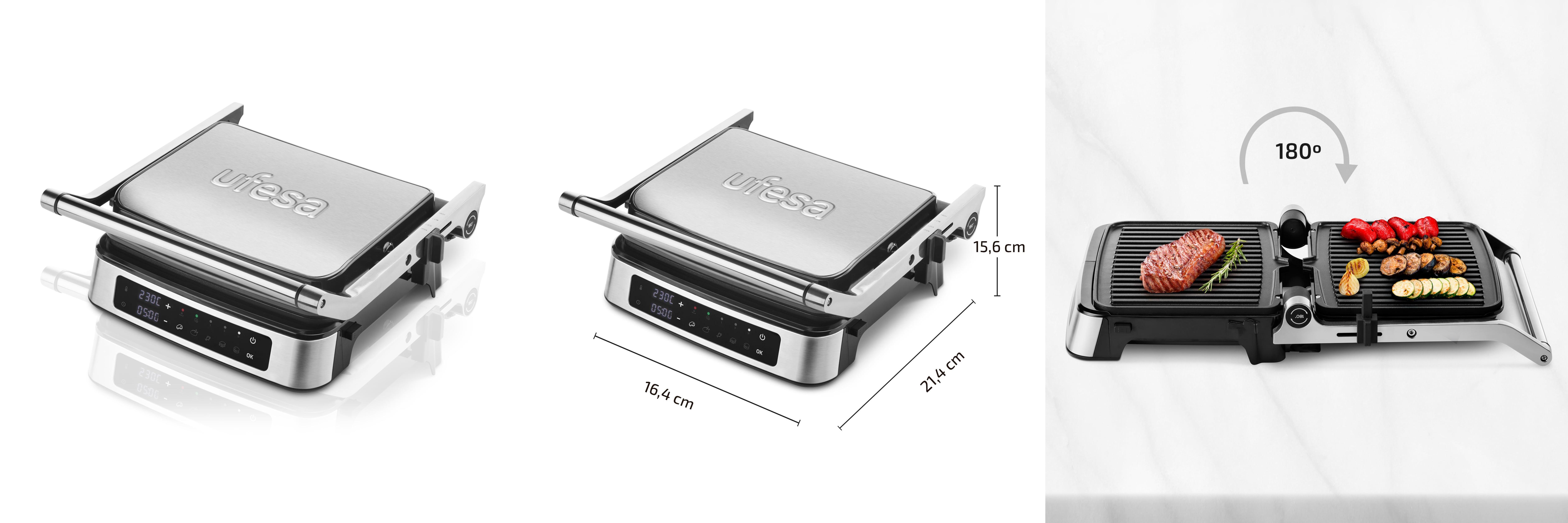 Descubre la Ufesa Everest Parrilla Eléctrica Digital: el aliado perfecto para tus deliciosos paninis y parrillas, con 5 programas preestablecidos y una pantalla táctil intuitiva. ¡Aprovecha su apertura de 180º y disfruta de comidas perfectamente cocinadas!